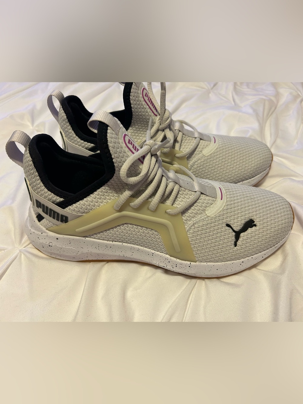 Puma White Knit Sneakers with Black Logo and Pink Accents
